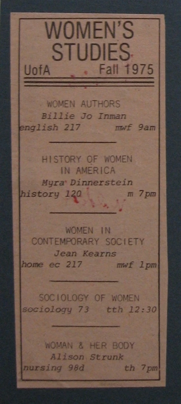 Class schedule from 1975 showing 4 Gender and Women's Studies courses.